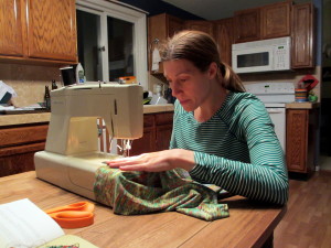 Sara sewing, and doing a beautiful job of it!